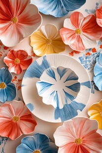 多彩花卉造型陶瓷餐具展示