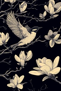 飞鸟栖于玉兰花枝间