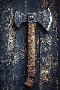 复古双斧置于斑驳木背景