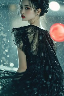 雨中黑衣女子的浪漫瞬间