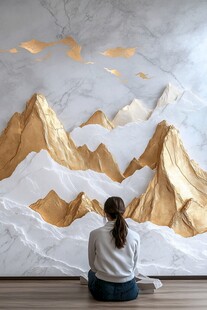 女子静赏金白山峦艺术墙