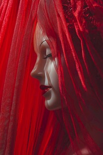 红纱掩面的神秘女性形象