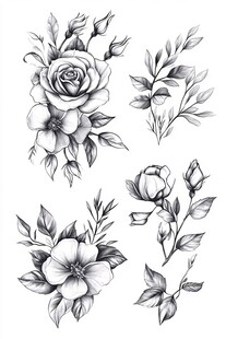 黑白花卉植物手绘插画
