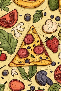 美味披萨与多彩蔬果图案