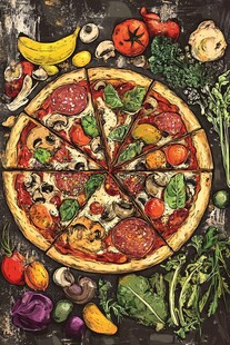 美味披萨搭配多样新鲜蔬菜