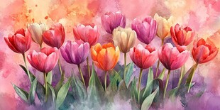 水彩绘多彩郁金香花丛