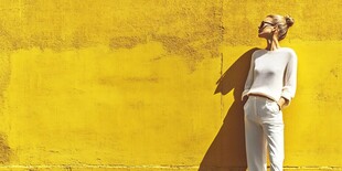 女子倚黄墙 悠然享时光