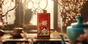 中式雅致茶具旁的精美红瓶