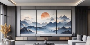 中式客厅的山水艺术壁画