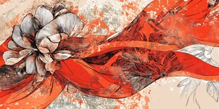 红色飘带与花卉艺术画