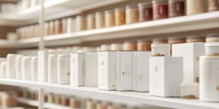 药柜中的白色药盒与瓶罐