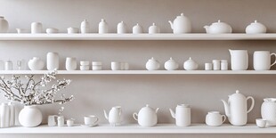 白色茶具整齐陈列于架上
