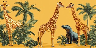 热带草原上的长颈鹿与河马