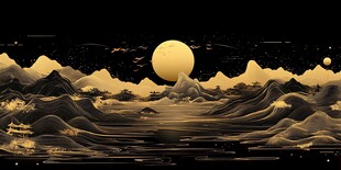 金色月夜下的壮丽山水景观