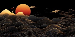 黑金风中式日出山水图