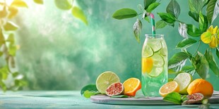 清新绿植旁的缤纷果味饮品