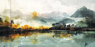 水墨山水湖畔绝美风光