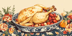 瓷盘中的烤鸡与多彩蔬果