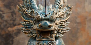 青铜龙首雕塑细节特写