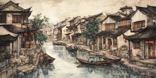 江南水乡古巷中的悠然小船