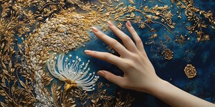 手触华丽刺绣织物瞬间