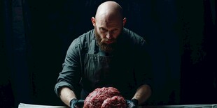 屠夫专注处理大块鲜肉