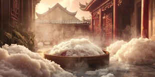 中式庭院中云雾缭绕之景