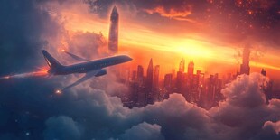 梦幻都市上空的飞机与火箭