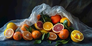 袋装柑橘静物 色彩与质感