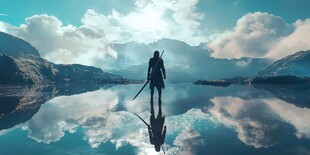 孤影剑客立于山水之间