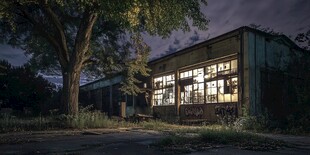 夜晚废弃厂房的静谧景象