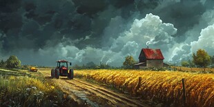 田野上的拖拉机与乡村景致