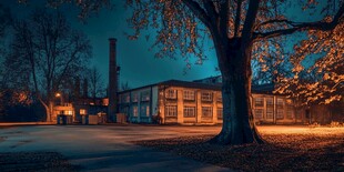 夜灯下的静谧工厂与大树