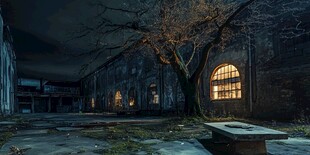 废弃建筑中的孤独老树