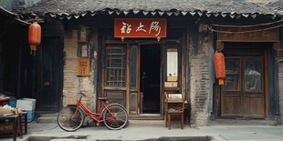 古旧店铺前的红色自行车