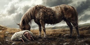 孤独旷野中的马与沉睡绵羊