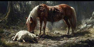 森林中枯马与卧躺绵羊