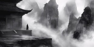 孤身立古阁 雾漫群山间