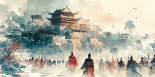 古风行军图 城楼与将士