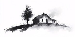 水墨风小屋与孤树