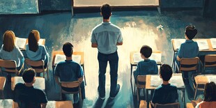 教师站在教室前授课场景