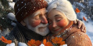 冬日相拥的老夫妇温馨瞬间