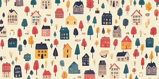 可爱风乡村房屋树木图案