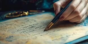 手执笔书写古老书页