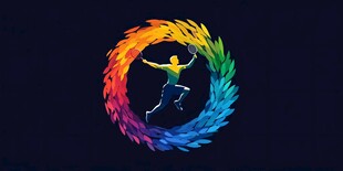 彩色羽环中挥拍的动感身影