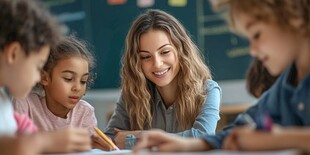 教师陪伴孩子课堂上学习