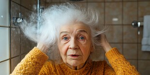 惊讶的白发老奶奶在浴室
