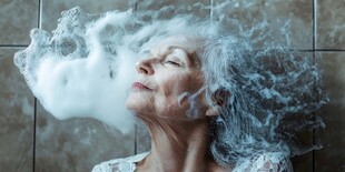 老妪陶醉于缭绕烟雾之中