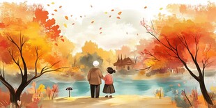秋日湖畔老夫妇温馨漫步