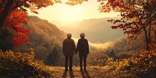 夕阳下老夫妻的秋日漫步